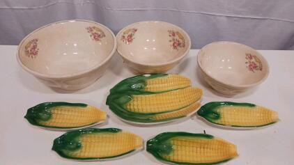 Vintage 9-Piece Ceramic Kitchenware Set with Floral Mixing Bowls and Corn-on-the-Cob Serving Dishes