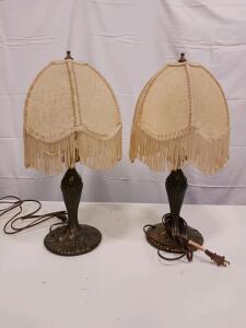 Pair Art Nouveau Style Table Lamps, Ornate Bronze Bases, Fringe Floral Shades, 24" Tall