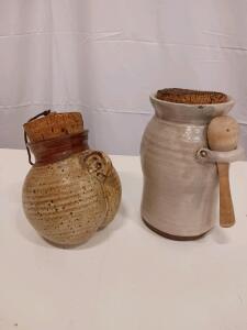 Handcrafted Ceramic Honey Pots with Cork Stoppers and Wooden Dippers, Rustic Folk Pottery Style