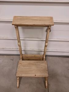 Vintage Wooden Prie-Dieu Prayer Kneeler, Ornate Carved Rosettes, Distressed Finish, 34" Tall
