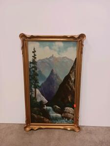 Framed Irwin Signed Oil Landscape Painting &ndash; Mountain, Waterfall, 36x24&rdquo; Ornate Gold Frame Sp-5