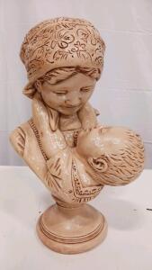 Decorative Mother and Child Bust Sculpture with Floral Headscarf