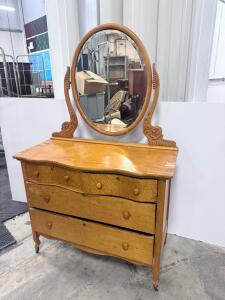 Antique 4-Drawer Wood Dresser with Oval Mirror, Ornate Carving, Casters, Circa 1920-1940