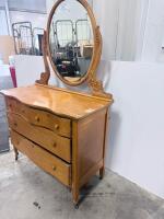 Antique 4-Drawer Wood Dresser with Oval Mirror, Ornate Carving, Casters, Circa 1920-1940 - 2