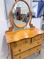 Antique 4-Drawer Wood Dresser with Oval Mirror, Ornate Carving, Casters, Circa 1920-1940 - 3