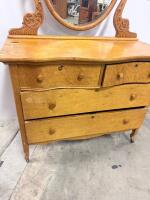 Antique 4-Drawer Wood Dresser with Oval Mirror, Ornate Carving, Casters, Circa 1920-1940 - 6