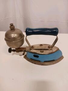 Antique Blue-Handled Gasoline Iron, c. 1920s&ndash;1940s, Wood Handle, USA, Vintage Collectible