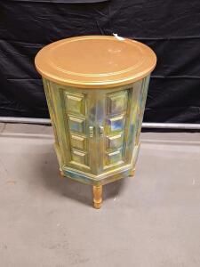Vintage Hexagonal Accent Side Table/Cabinet with Embossed Panels and Gold Finish