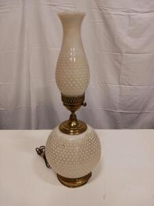 Vintage Hobnail Milk Glass Table Lamp with Brass Accents, 13.5" Tall, 6.25" Base Diameter