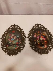 Pair Ornate Metal Framed Floral Wall Plaques, Vintage Multicolor Flower Prints, Oval Baroque Design