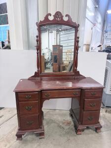 Classic Victorian-Style Vanity with Mirror, Solid Wood, 7 Drawers, Ornate Carved Crest