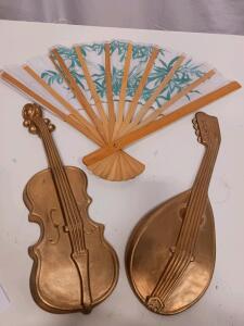 Vintage Gold Musical Instrument Wall Decor Set & Bamboo Hand Fan &ndash; Violin, Mandolin, 3 Pieces