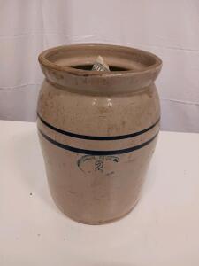 Marshall Pottery 2-Gallon Stoneware Crock, Beige with Blue Banding, Circa 1950s
