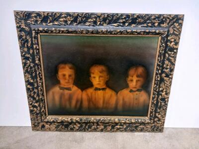 Vintage Framed Portrait of Three Boys, Hand-Colored Photo, Ornate Baroque-Style Frame, c.1900-1930 sp-5