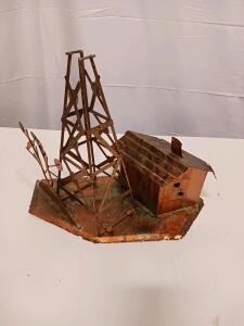 Copper Brass Oil Derrick Folk Art Sculpture with Shed, Mid-Century Americana, 16" x 10" x 12"