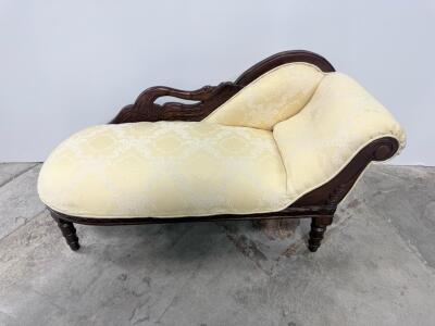 Victorian Carved Wood Chaise Lounge, Swan Armrest, Yellow Damask, Ornate Antique