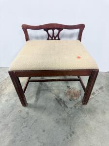 Vintage Wooden Vanity/Piano Bench, Upholstered Seat, Decorative Backrest, Approx. 22"x14"x25"