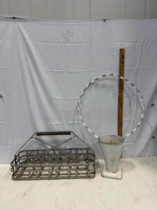 Vintage Metal 8-Bottle Milk Carrier with Wooden Handle & 23" Decorative Metal Flower Stand