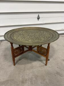 Moroccan Brass Tray Table with 32" Diameter, Hand-Engraved Tray & Folding Carved Wood Base