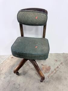 Vintage Swivel Office Chair, Dark Wood Frame, Green Upholstery, Mid-Century Modern Style
