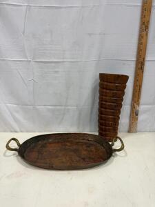 Handmade Mozambique Wooden Vase & Hammered Copper Brass Handle Tray | 17.5" Tray, 10.25" Vase