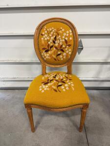 Louis XVI Style Needlepoint Side Chair, Floral Embroidery, Carved Wood Frame, Vintage Accent Seat