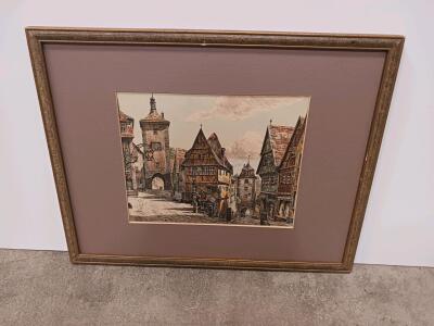 Framed Print Rothenburg ob der Tauber German Street Scene Hand-Colored, 21"x18" Matted Sp-5