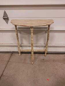 Vintage Demi-Lune Console Table, Distressed White, Turned Legs, 28"x12"x30" Solid Wood