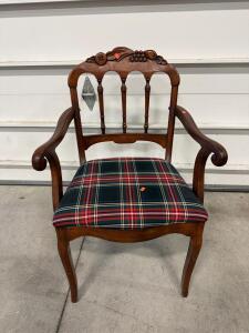 Carved Wooden Armchair with Plaid Upholstered Seat, Vintage Style, Ornate Fruit Motif