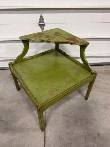 Vintage 2-Tier Green Wood Corner Step Side Table, French Provincial Style, 24" x 24" x 22"