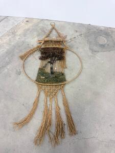 Vintage Macram&eacute; Wall Hanging &ndash; Tree Landscape Design, Earth Tones, Circular Frame