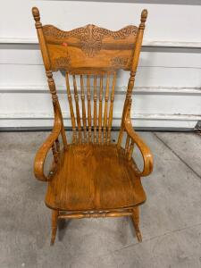 Vintage Oak Spindle-Back Rocking Chair, Carved Crest Rail, 44"x26"x32", Sturdy Build