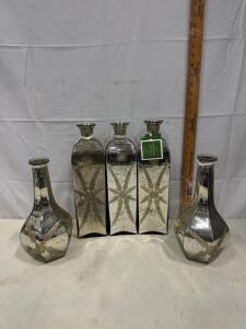 Set of 5 At Home Mercury Glass Decorative Bottles, Starburst Etched, 13.5" & 10" Tall