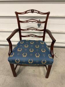 Traditional Wooden Armchair, Blue Laurel Upholstery, Carved Ladderback, Nailhead Trim, Mahogany