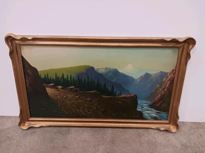 Oil Painting Mountain Landscape, 29"x17" Framed, Gold Ornate Frame, Signed Jxxxxx, Needs Frame Repair sp-5