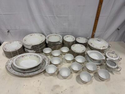 Vintage Fine China 65-Piece Porcelain Dinnerware Set, Pink Floral Garland & Gold Trim, Complete Service