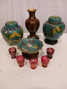 Chinese Cloisonn&eacute; Ginger Jars, Vase, Bowl with Stands & 5 Bohemian Ruby Red Glasses Set