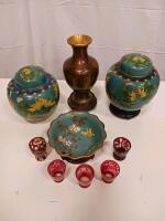 Chinese Cloisonn&eacute; Ginger Jars, Vase, Bowl with Stands & 5 Bohemian Ruby Red Glasses Set - 2