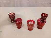 Chinese Cloisonn&eacute; Ginger Jars, Vase, Bowl with Stands & 5 Bohemian Ruby Red Glasses Set - 7