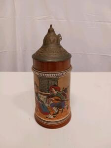 German Beer Stein with Pewter Lid, Hand-Painted Tavern Scene, 18.5 oz Capacity