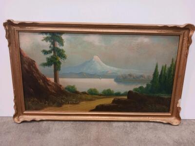 Vintage Framed Oil Painting Landscape Mountain Lake Scene 29"x17" Ornate Gold Frame Sp-5