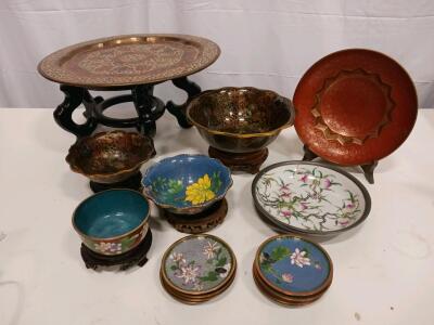 Asian Cloisonn&eacute; & Enameled Bowls, Plates, Tray w/ Floral Motifs & Wood Stands, 20th Century