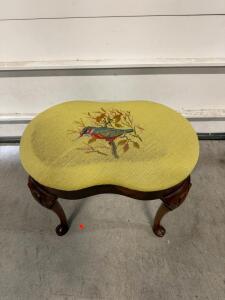 Needlepoint Upholstered Vanity or Piano Stool, Cabriole Legs, Bird Motif, Vintage