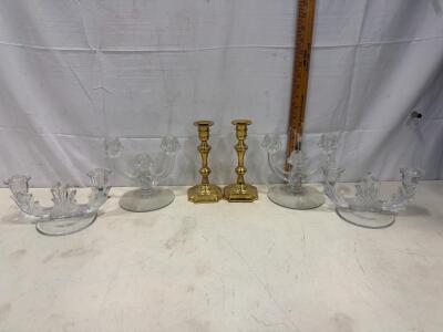 Vintage Glass and Brass Candelabra Set &ndash; 6 Pieces, Mid-Century Design