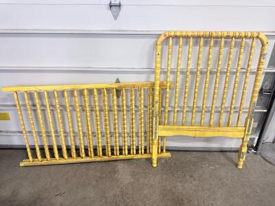 Vintage Yellow Wooden Spindle Crib Bed Frame, Distressed Paint, Classic Turned Design