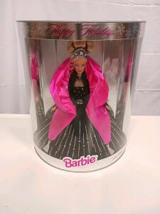 1998 Happy Holidays Barbie Doll &ndash; Black Velvet Gown, Pink Cape, Tiara, NIB