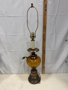 Mid-Century Amber Glass & Brass Table Lamp, 27.5" Tall, Harp Included, Vintage Electric