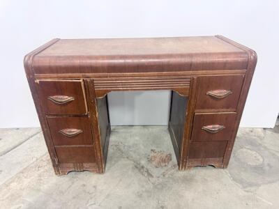 Vintage Art Deco Wooden Vanity Desk with 4 Drawers and Geometric Drawer Pulls