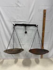 Antique Cast Iron Double-Pan Hanging Balance Scale, 16" Pans, 32" Beam, Counterweight, Rustic