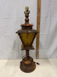 Vintage Mid Century Amber Glass & Wood Table Lamp, 22" Tall, Ornate Carved Detailing